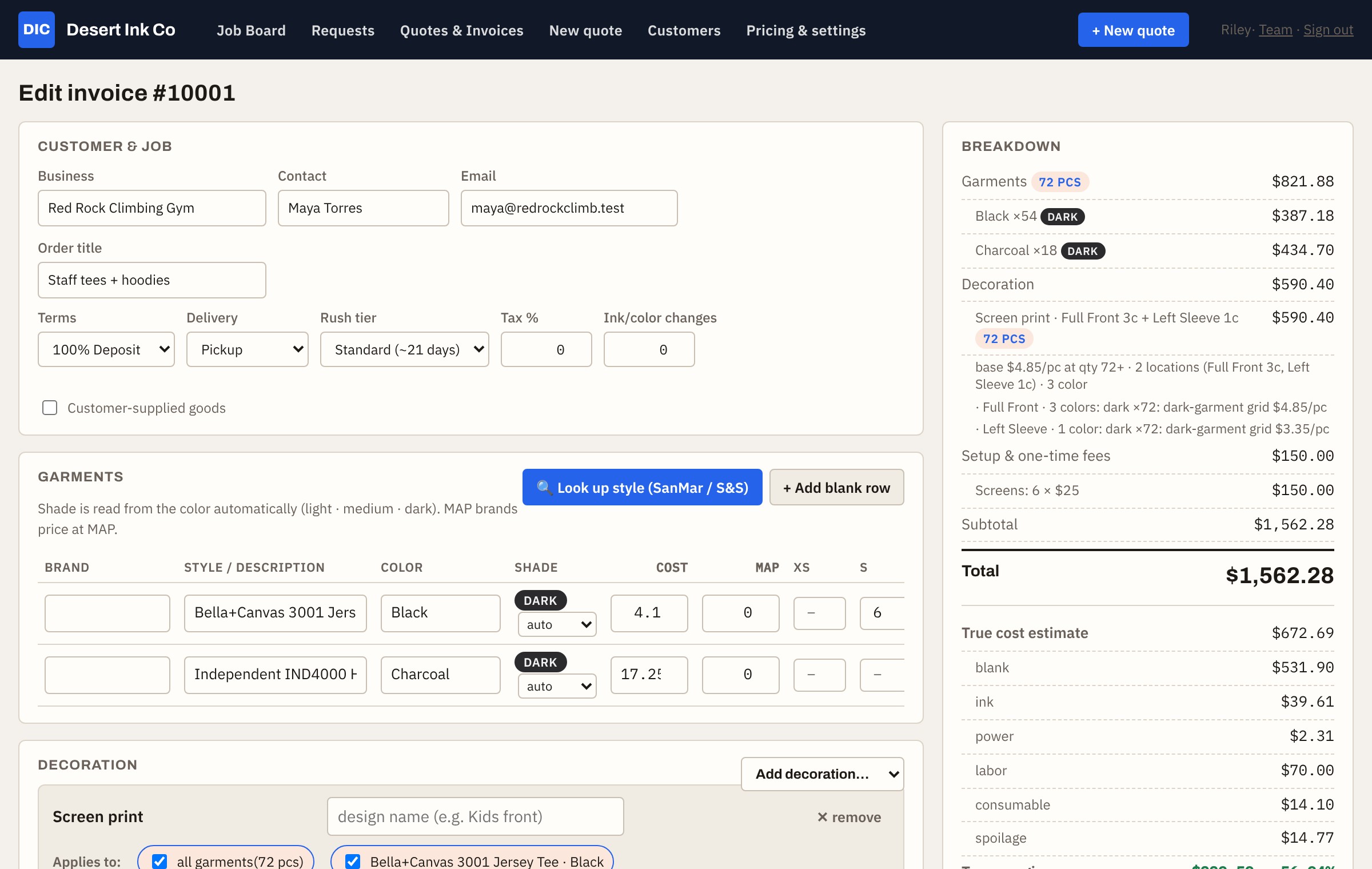 Apparel Pro quote builder pricing a screen-print job with true cost and margin