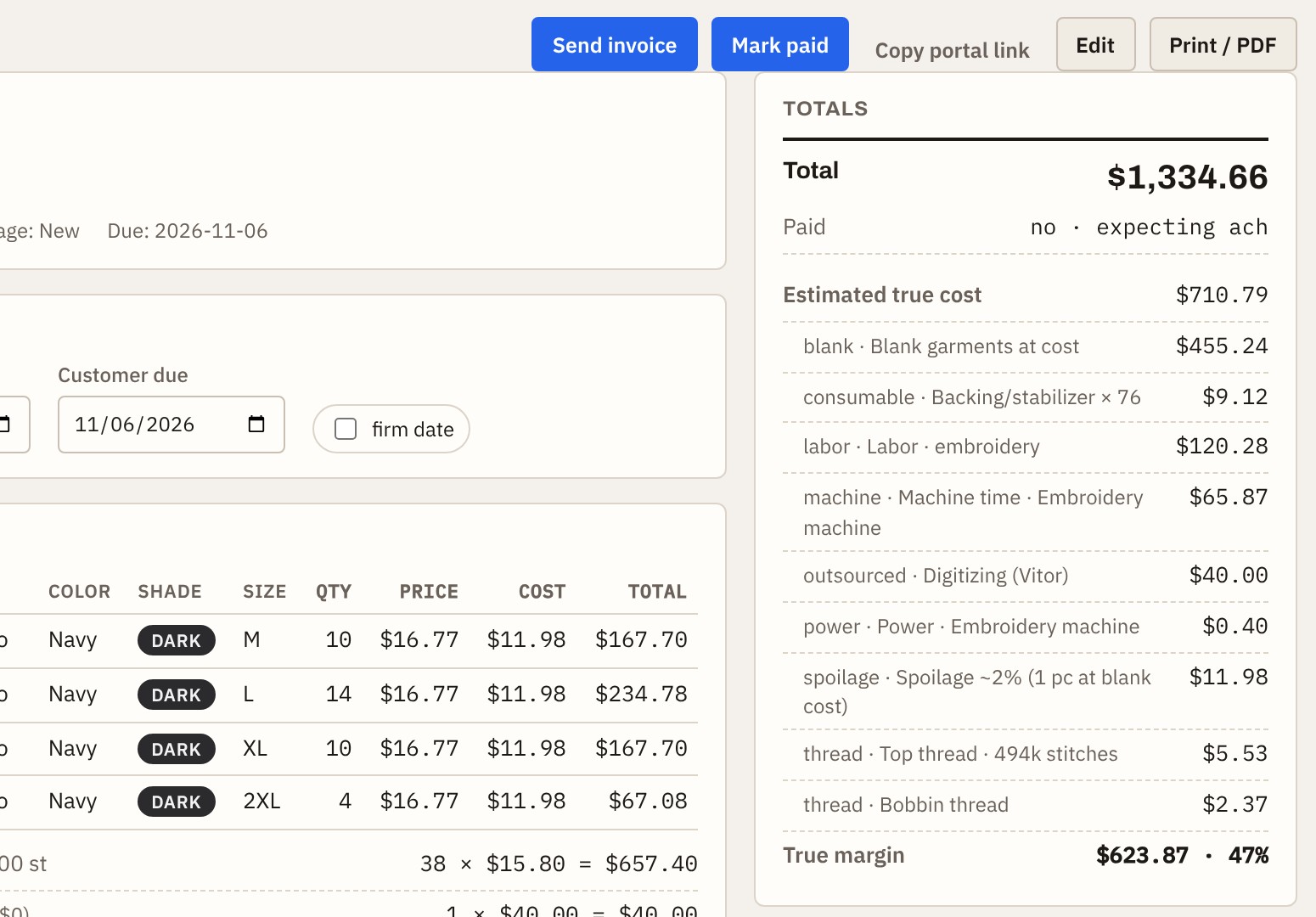 Order page with payments, cost estimate and true margin
